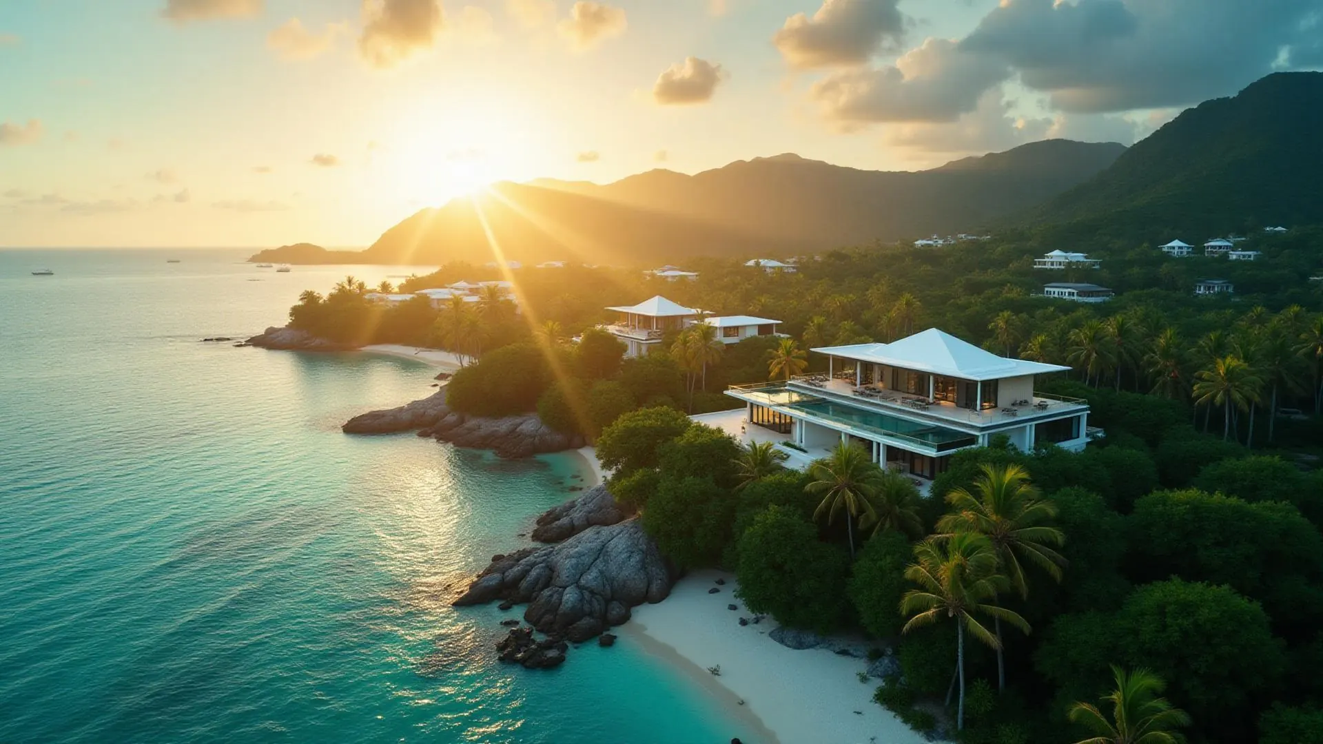 Caribbean villa at sunset overlooking the water